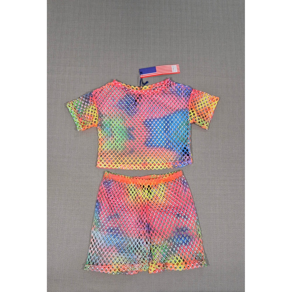 American Leisure Womens Rainbow Tie Dye Fishnet Mesh Crop Top and Shorts Set S